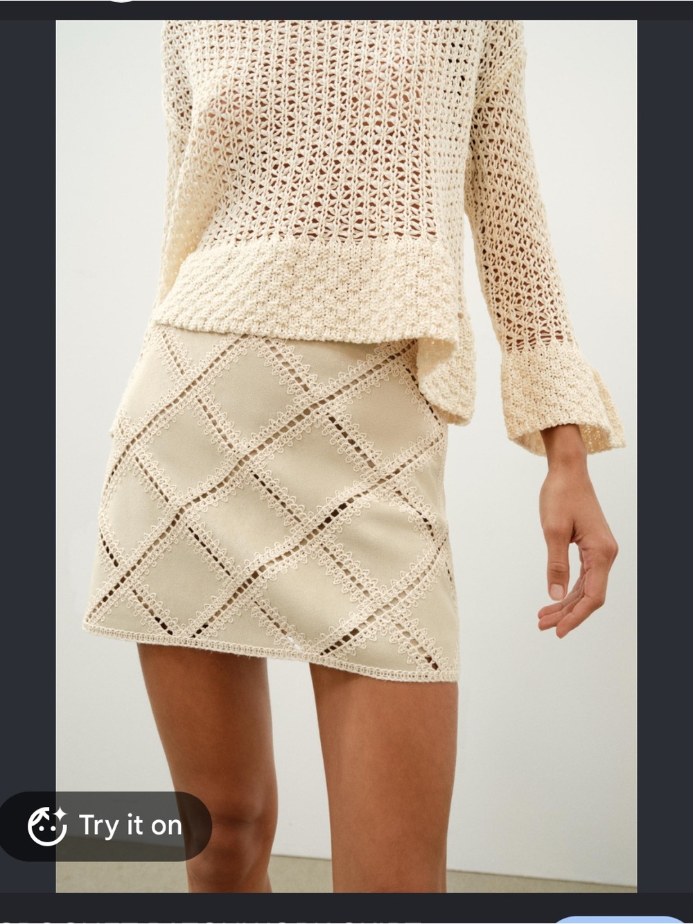 Zara Cream Diamond-Crochet Mini Skirt